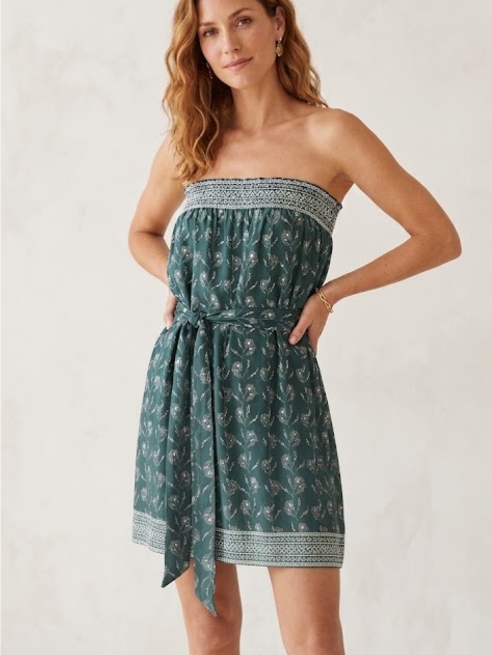 🍻🛒🍕🪻Vanessa Bruno Athé strapless silk with tie green white floral pattern CLOSEO